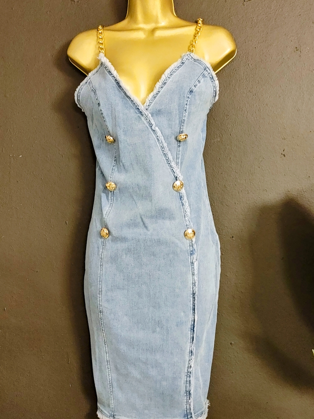 Light Wash Denim Midi Dress with Gold Chain Straps